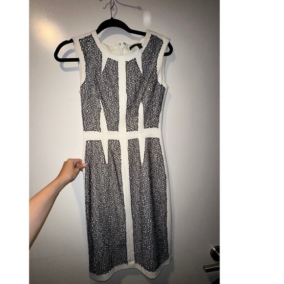 BCBGMAXAZRIA Women's Rumor White with Black Lace Blocked Sheath Dress Size 0 - Picture 3 of 4